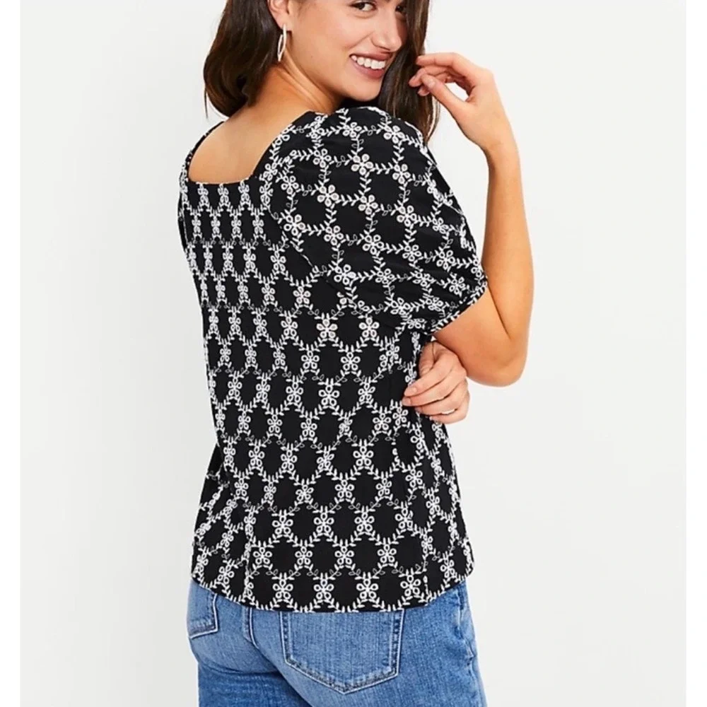 LOFT Black White Eyelet Embroidered Square Neck Puff Sleeve‎ Top Blouse XXL